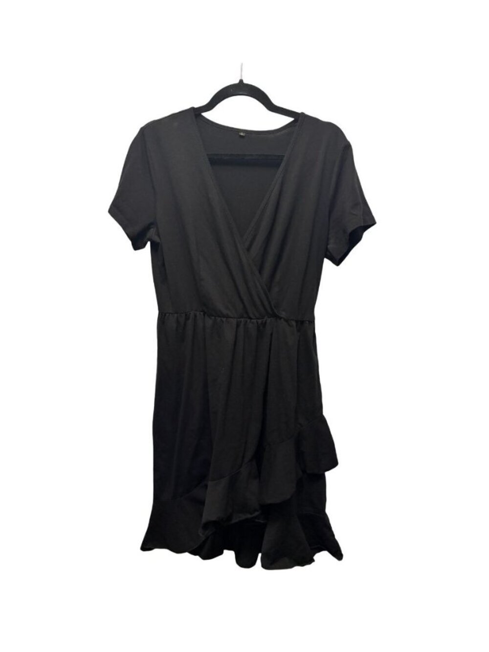 Women’s Black Faux Wrap Ruffle Hem Dress Size Large Short Sleeve Fit & Flare